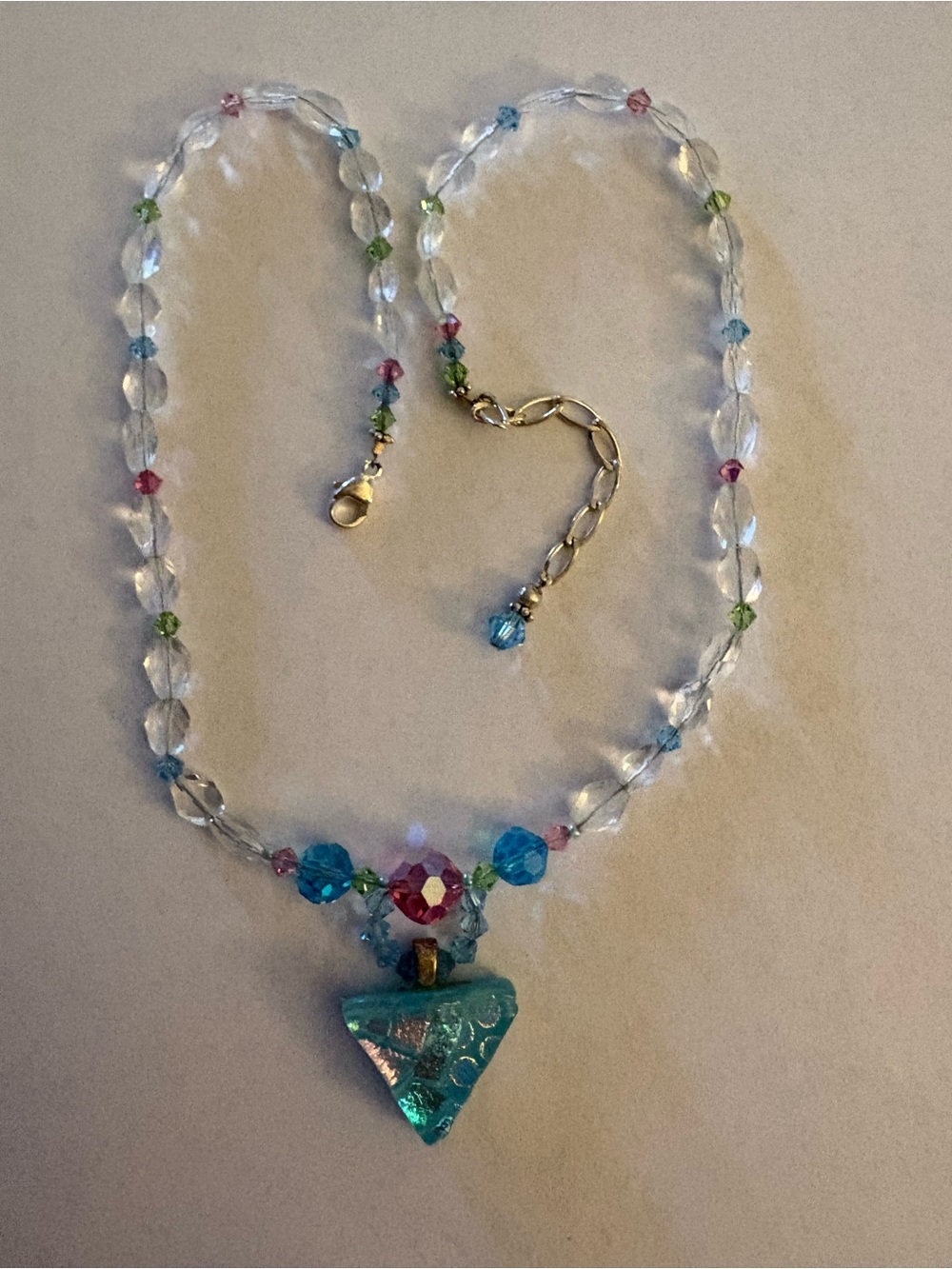 Multi-Color Crystal Bead Necklace with Turquoise Triangle Pendant